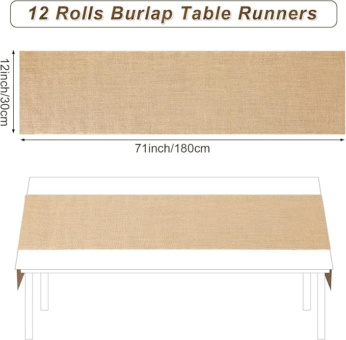 12 Pack Burlap Table Runners Rustic Table Runner Jute Farmhouse Fabric Party Centerpieces for Country Vintage Wedding Banquet Decoration, 12 x 71 Inch