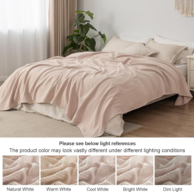 PHF 100% Cotton Muslin Blanket Queen Size 90" x 90", 4-Layer Lightweight and Breathable Blanket for Summer, Luxuriously Soft Gauze Bedding for Bed, Natural Minimalism Style, Ideal Gift, Light Pink