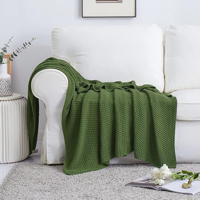 Longhui bedding Olive Green Knitted Throw Blanket for Couch, Soft, Cozy Machine Washable 100% Cotton Sofa Knit Blankets, Heavy 4.0lb Weight, 60 x 80 Inches, Olive Green Color.