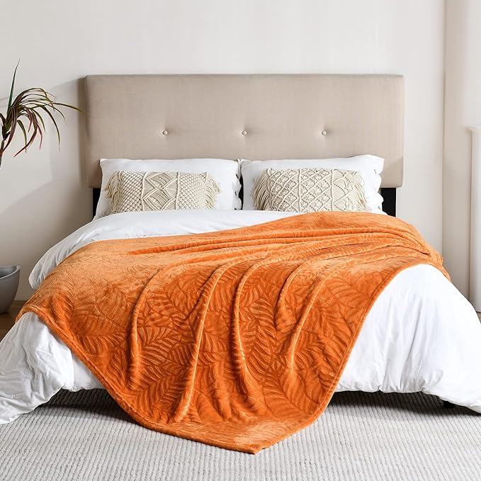 SOCHOW Super Soft Flannel Fleece Fall Throw Blanket, Lightweight Cozy Warm Leaves Textured Plush Blanket for Bed Couch Sofa, 60 x 80 Inches, Orange