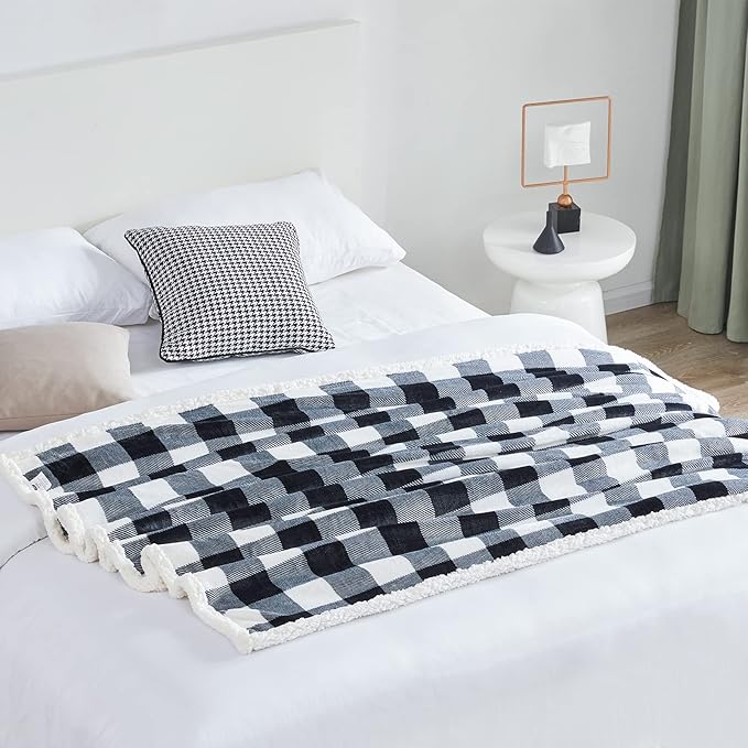 Touchat Sherpa Plaid Twin Blanket 60" X 70", Fuzzy Fluffy Soft Cozy Throw Blanket, Twin Size Plush Fleece Flannel Plush Microfiber Blanket for Couch Bed Sofa (Black)