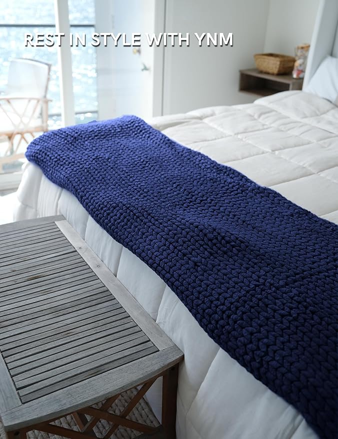 YnM Chunky Throw Blanket, Medium-Weight, Hand Knitted, Skin Friendly, Ventilated and Breathable, Machine Washable, Home Décor Piece for Couch, Sofa and Bed (Indigo Blue, 40x50 Inch)