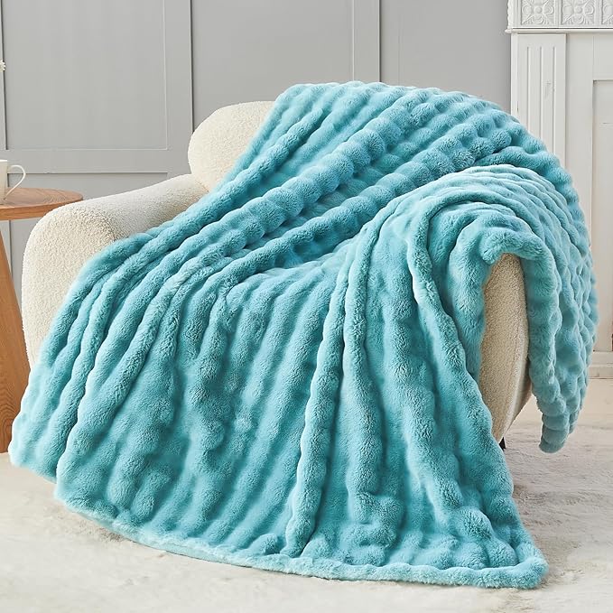 NEWCOSPLAY Faux Fur Throw Blanket Teal Bubble Blanket Thick Warm Soft for Couch Sofa Bed 550GSM (Teal, Throw(50"x60"))
