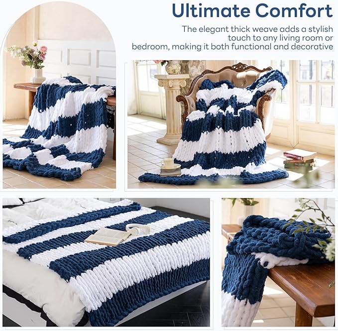 Chunky Knit Blanket - Luxury Soft Cozy Queen Size(50 * 60) Throw Blanket,100% Woven Blanket Rope Knot Throw Blanket for Couch, Sofa, Home Decor, Gift - Machine Washable(White/Deep Blue)