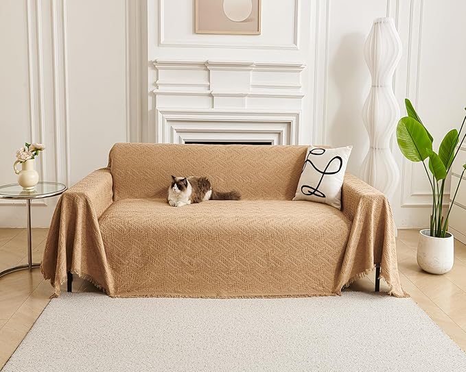AIVIA Couch Cover Sheet Blanket, Slipcover for 3-4 Cushion High Backed Backrest Sofa, Extra Large Furniture Decor L Shape U-Shaped Sectional Protector for Cats Dogs Pets (Khaki, 91” x 134”)