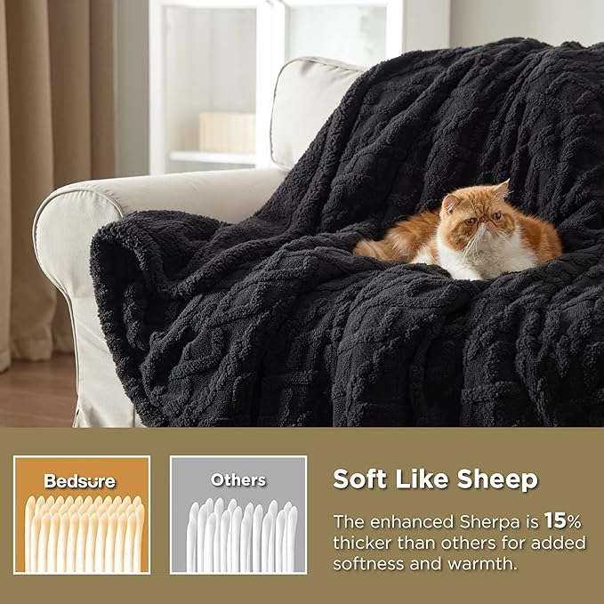 Bedsure Sherpa Fleece Blanket Twin Size for Bed - Fuzzy Soft Cozy Cable Throw for Couch, Thick Warm Blankets for Winter, Black, 60x80 Inches