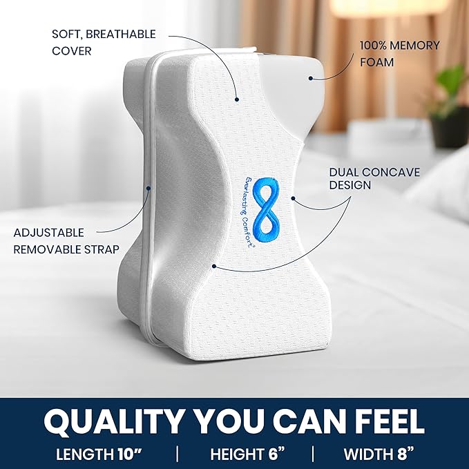 Everlasting Comfort Memory Foam Leg & Knee Pillow for Side Sleepers - Sciatica Pain Relief Leg Pillow for Side Sleeping - Adjustable Strap