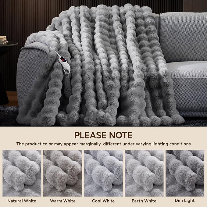 Heated Blanket Throw with 1/2/4/6/8 Hours Auto-Off 10 Heat Level, 72'' * 84'' Cozy Faux Rabbit Fur Bubble Electric Blanket with Overheat Protection(Light Grey)