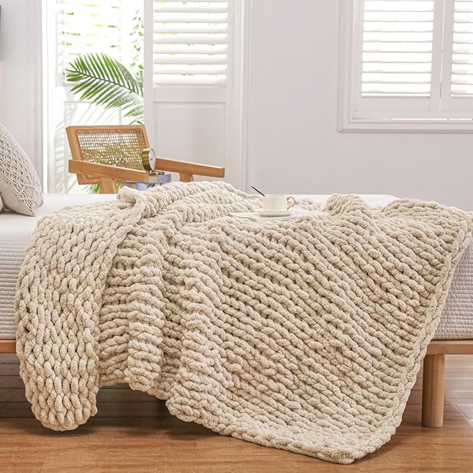 WESHIONGOO Chunky Knit Blanket Throw Knitted Throw Blankets for Couch Bed Fluffy Soft Blanket with Jumbo Chenille Yarn Thick 100% Handmade (Linen, 50"×60")