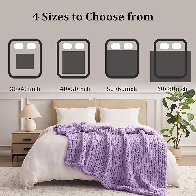 Light Purple Throw Blanket, 40" x 50" Chunky Knit Blanket, Handmade Warm & Soft Chenille Throw Blanket, Washable Decorative Knit Blanket with Jumbo Chenille Yarn for Couch Bed Sofa