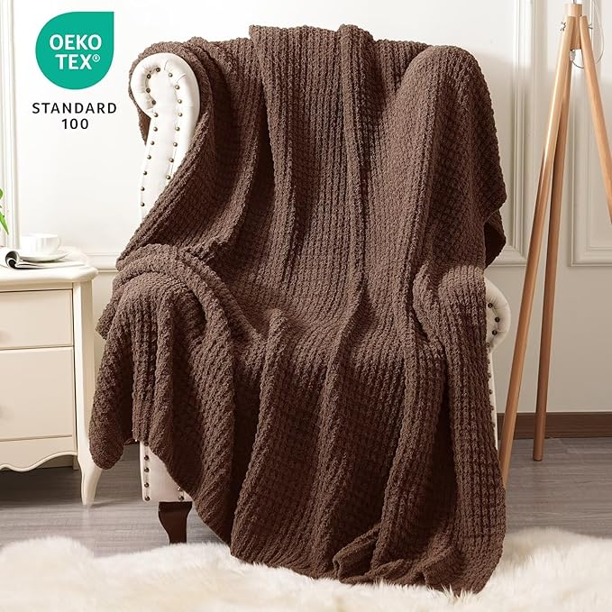 PHF Chenille Waffle Knit Blanket Twin Size- Plush Warm & Cozy 60" x 80" Ultra Soft Blanket- Chunky Fluffy Waffle Bedding for Home Decor - Cocoa Brown