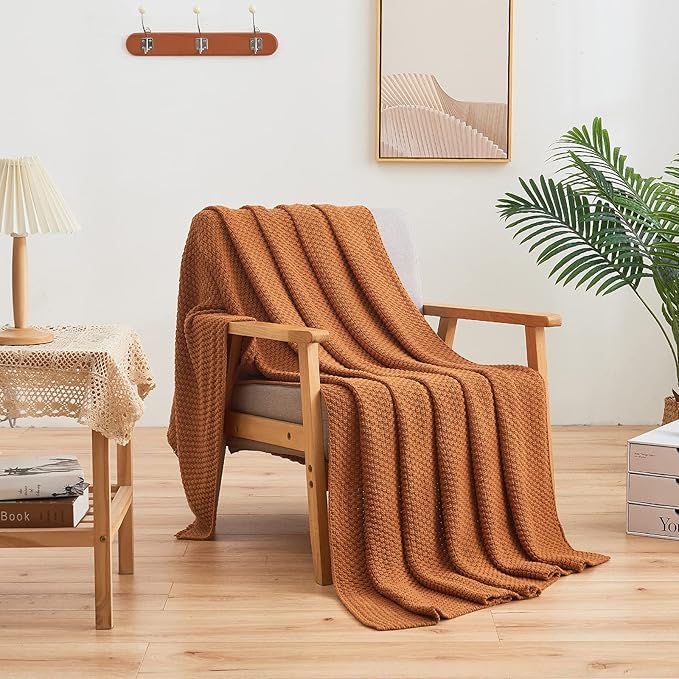 Longhui bedding Burnt Orange Knitted Throw Blanket for Couch, Soft, Cozy Machine Washable 100% Cotton Sofa Knit Blankets, Heavy 4.0lb Weight, 60 x 80 Inches, Laundry Bag Included
