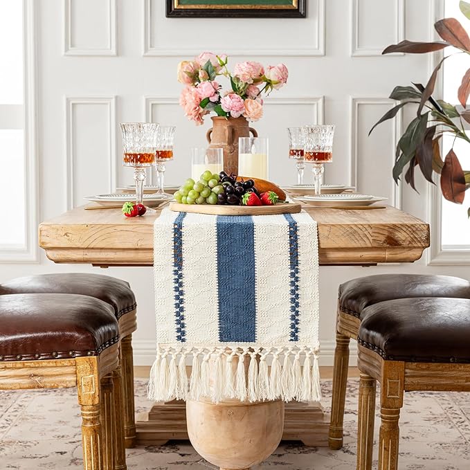 Fancy Homi Dusty Blue Table Runner 60 Inches Long Boho Macrame Table Runner for Home Decor, Farmhouse Table Runners with Tassels for Party Bohemian Rustic Bridal Shower Dining Decor 12x60 Inches