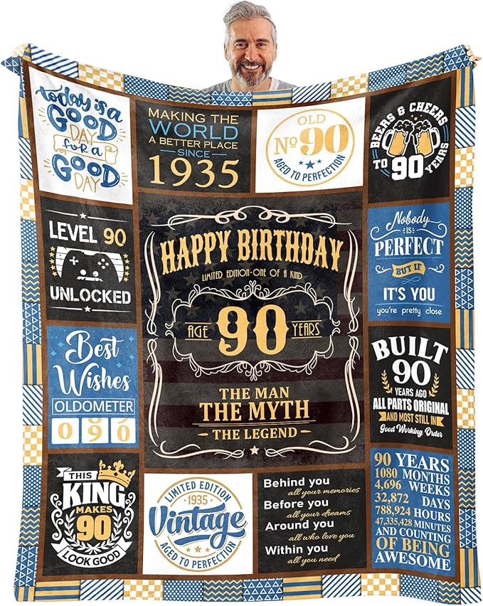 90th Birthday Blanket 60 x 50 inch - 90th Birthday Gifts for Men - 90 Year Old Birthday Gifts for Men - Best Gifts for 90 Year Old Man - 1935 Birthday Gifts - 90 th Birthday Gift Ideas