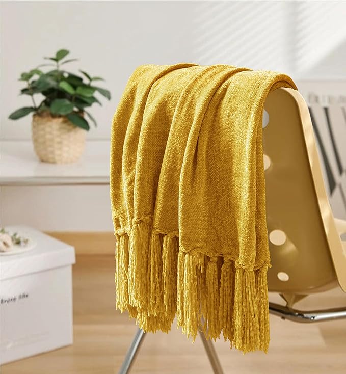 Chenille Throw Blanket for Couch 50"X 60", Soft Cozy Throws with Fringe Tassel for Bed Sofa Chair, Lightweight Knitted Decorative Farmhouse Boho Blankets for Gift, Yellow