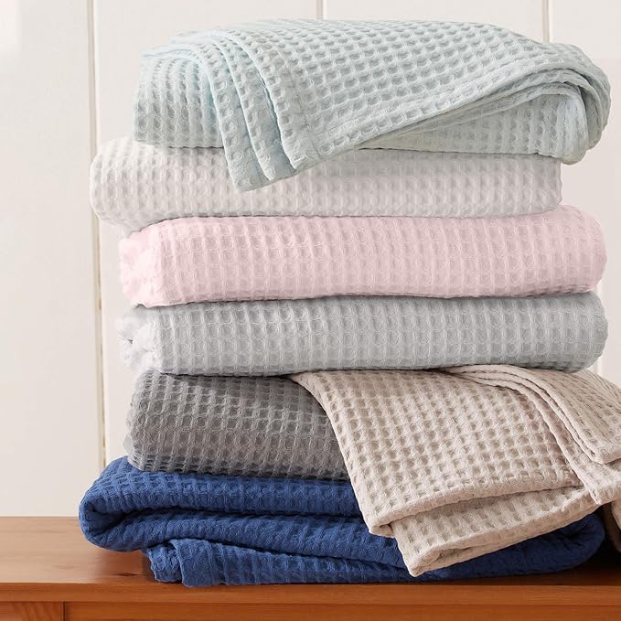 100% Cotton Twin Size Bed Blanket - Light Blue Waffle Weave Lightweight Summer Bed Blanket - 90x66in Prewashed Breathable, Woven, Layering