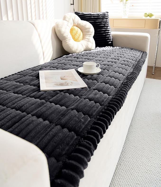 Faux Fur Plush Dog Couch Cover 3D Stripe Fuzzy Sofa Cover Non-Slip Fluffy Dog Bed Cover Pet Blanket Sofa Couch Furniture Protector for Puppy Large Dog Cat (Black,24"x35")