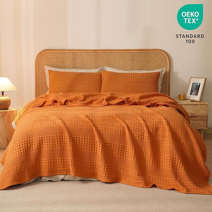 PHF 100% Cotton Waffle Weave Blanket King Size, Soft Lightweight Breathable Cozy Summer Blankets for Bed, Luxury Aesthetic Woven Bedding for Home Decor, 108"x90", Marmalade
