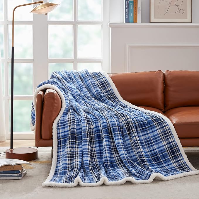 Touchat Sherpa Plaid Throw Blanket(60" X 70", Plaid Blue), Fuzzy Fluffy Cozy Soft Blanket, Fleece Flannel Plush Twin Size Microfiber Blanket for Couch Bed Sofa
