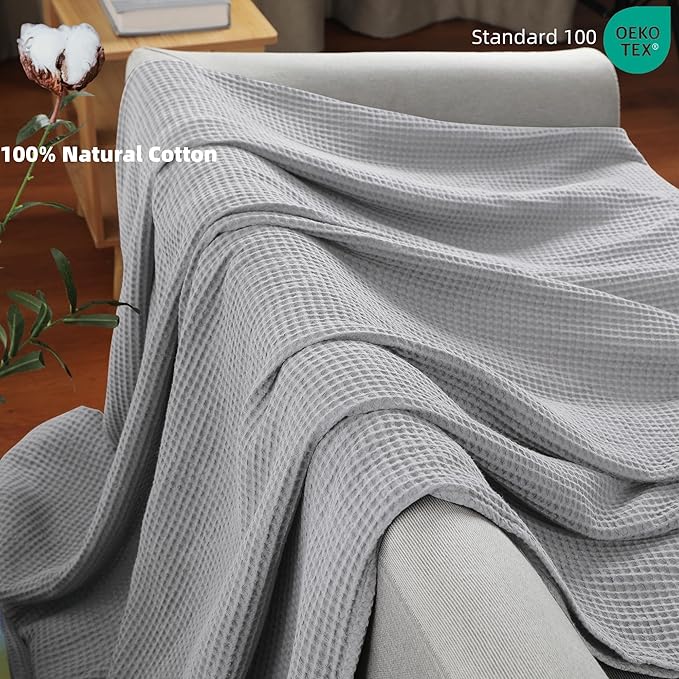 100% Cotton Waffle Blanket (Light Grey - King Size - 104 * 90''), Pre-Washed and Anti-Shrinkage Soft Lightweight Bed & Couch Blanket, 380 GSM Waffle Weave Throw Blanket for All Seasons