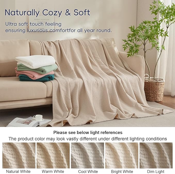 PHF Lightweight Waffle Weave Blanket King Size, Breathable & Ultra Soft, 104"x 90" Soft & Cozy Thin Blanket, Perfect for Summer & Hot Sleepers, Bed, Home Decor - Light Tan
