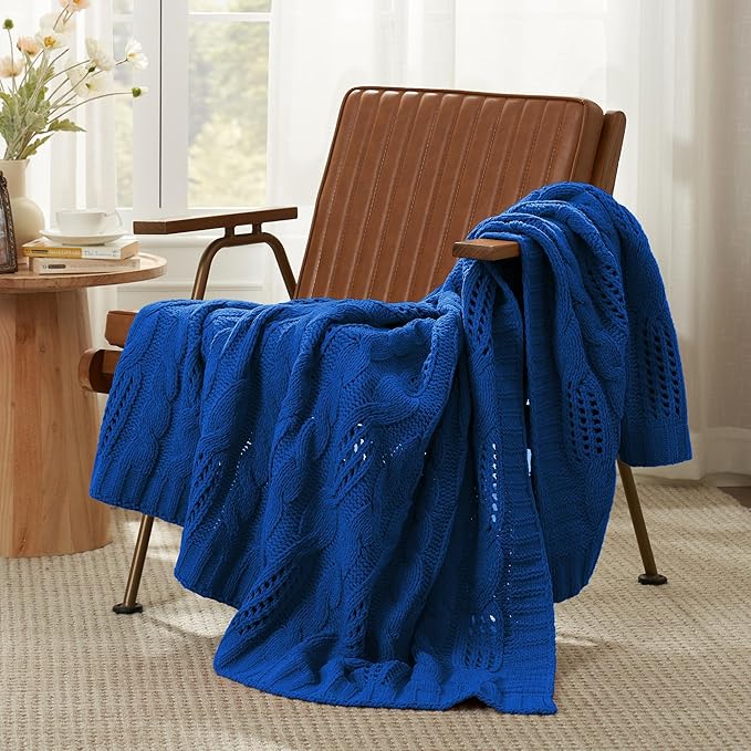 Amélie Home Chunky Knit Chenille Throw Blanket, Breathable Cable Knitted Blanket for Couch, Farmhouse Decorative Throw for Sofa Chair Bed, 50"x60", Blue