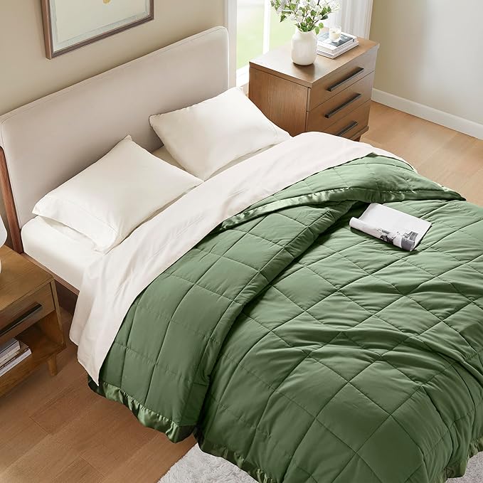 Madison Park King Blanket Quilted Microfiber, Satin Binding, 3M Scotchgard Moisture Wicking Treatment, Soft and Lightweight Summer Blanket for Couch, Windom, King, Green