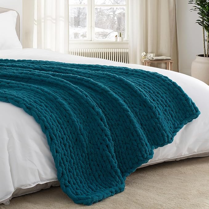 Chunky Knit Throw Blanket 50"X 60", 100% Handmade with Soft Chenille Yarn, 4.4lbs Thick Cable Knitted Blankets, Large Rope Knot Crochet Throws for Couch Sofa Bed Home Decor, Teal