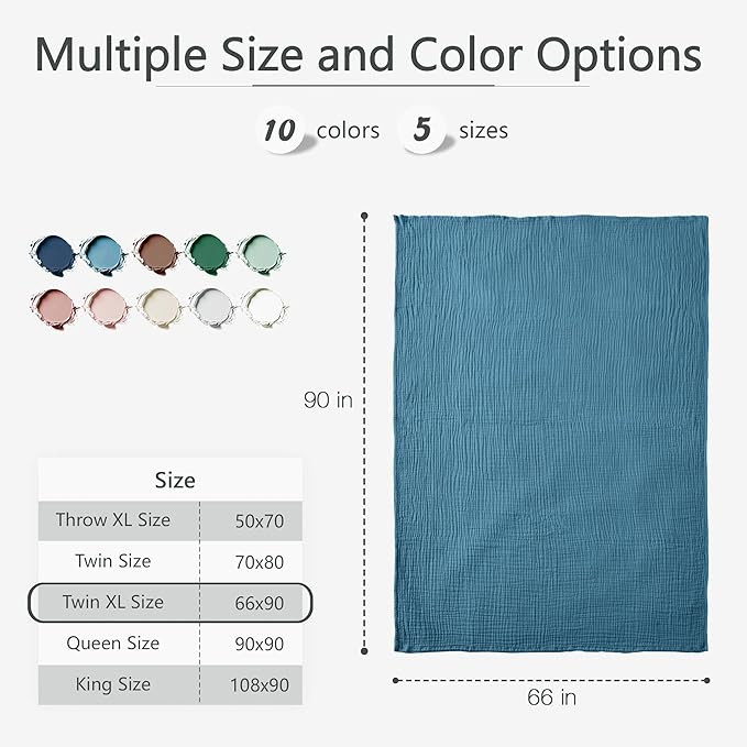 Carriediosa 100% Cotton Muslin Throw Blanket 66" X 90" Twin XL Size,4-Layers Summer Gauze Throws for Bed Couch,Soft Lightweight Breathable Linen Blankets Bedspread for Adults All Season,Dusty Blue