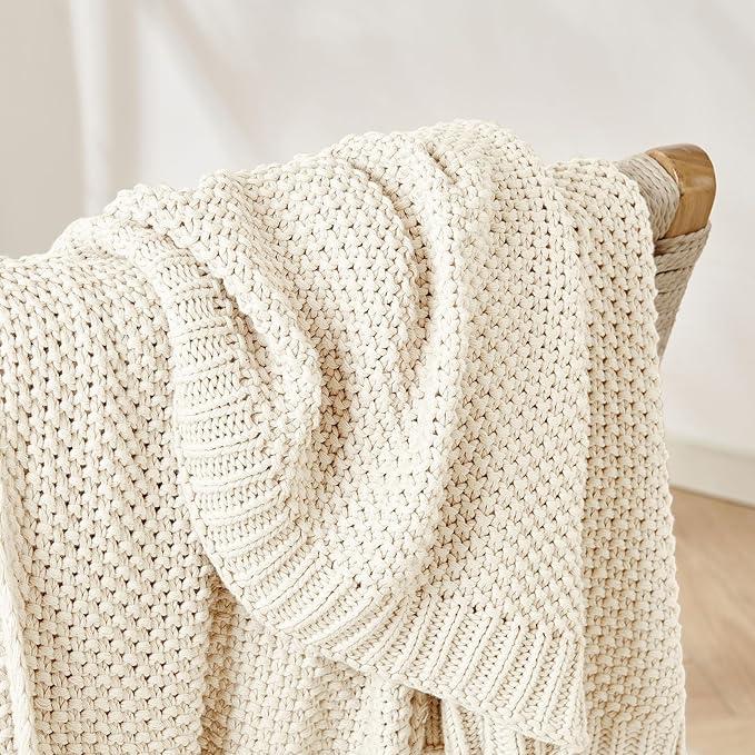 Joydeco Chunky Cable Knit Throw Blanket, Lightweight 100% Cotton Soft Cozy Throw Twin Blanket for Couch Bed and Sofa, Rustic Breathable Farmhouse Blanket Gift for Women Men(Cream White, 60"x80")