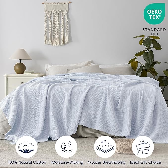 PHF 100% Cotton Muslin Blanket King Size 108" x 90", 4-Layer Lightweight and Breathable Blanket for Summer, Luxuriously Soft Gauze Bedding for Bed, Natural Minimalism Style, Ideal Gift, Ancient Water