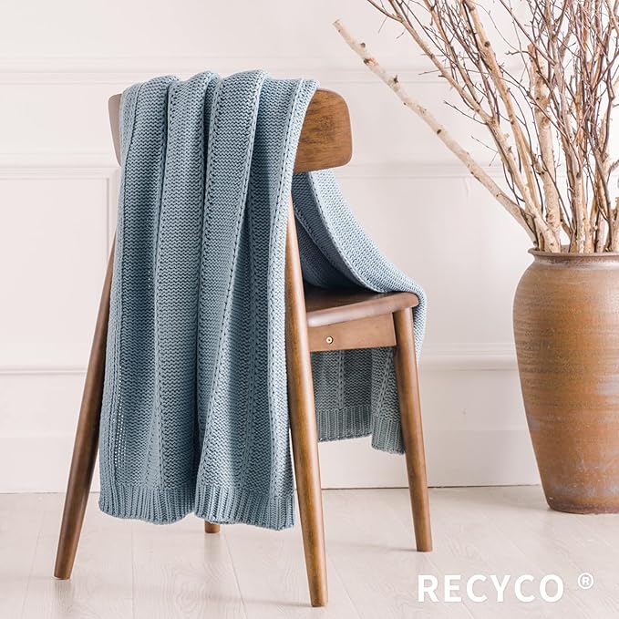 RECYCO Cable Knit Blue Throw Blanket Twin Size for Couch, Super Soft Warm Cozy Decorative Knitted Throw Blanket 3.6LB for Bed, Sofa, Chair Large 60"x80"