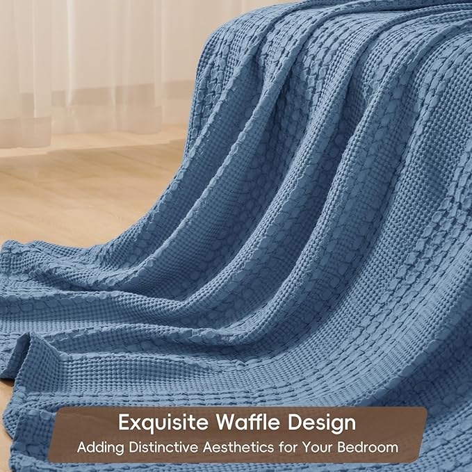 PHF 100% Cotton Waffle Weave Blanket King Size, Soft Lightweight Breathable Cozy Summer Blankets for Bed, Luxury Aesthetic Woven Bedding for Home Decor, 108"x90", Captain's Blue