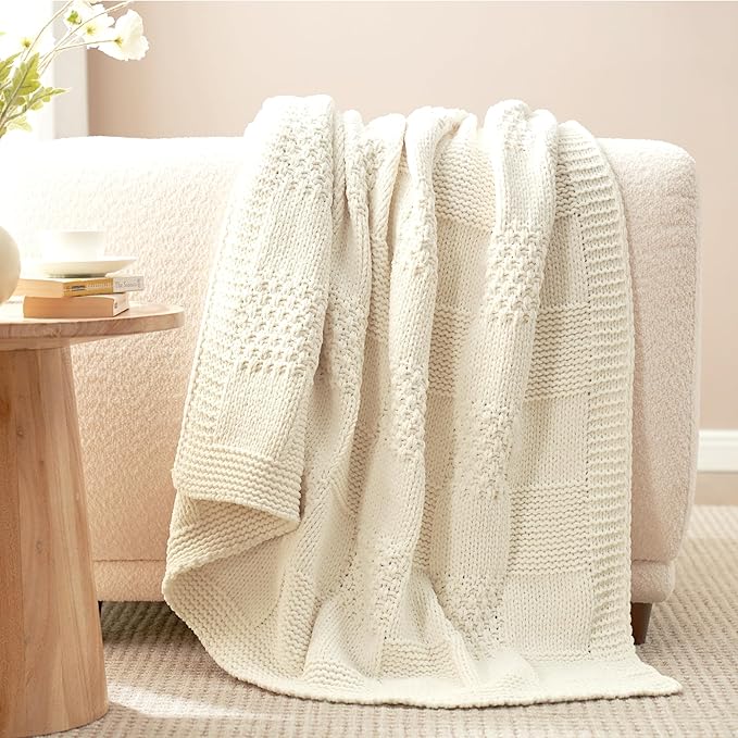 Amélie Home Chenille Knit Throw Blanket for Couch, Checkered Texture Decorative Soft Blanket for Sofa, Bed & Living Room, 60"x80", Ivory