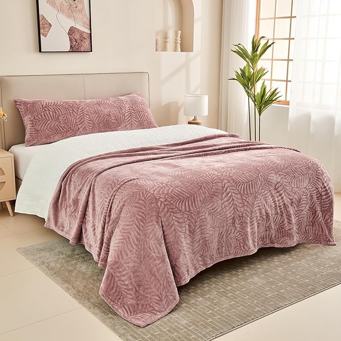 SOCHOW Super Soft Flannel Fleece Bed Blanket, Lightweight Cozy Warm Leaves Textured Plush Blanket as Bedspread Coverlet Bed Cover for All Seasons, 90 x 90 Inches, Dusty Rose