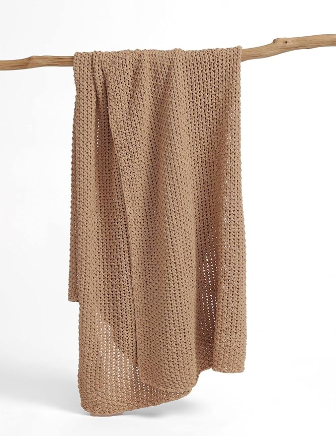 Chunky Cotton Knit Throw Blanket, Light Weight Cable Knit Throws for Bed Couch Sofa, Comfy & Relaxing, Decorative Piece for Farmhouse Modern Rustic Scandinavian Chic Vibe, Beige 60x80 Inches