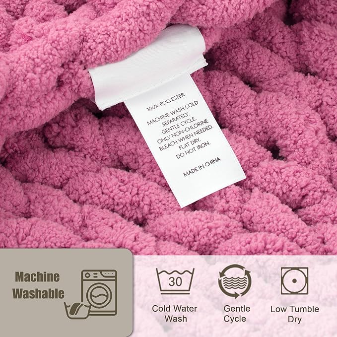 Chunky Knit Throw Blanket 50"X 60", 100% Handmade with Soft Chenille Yarn, 4.4lbs Thick Cable Knitted Blankets, Large Rope Knot Crochet Throws for Couch Sofa Bed Home Decor, Hot Pink