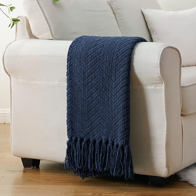 BATTILO HOME Navy Blue Throw Blanket for Couch, Knitted Blue Blanket Throw 50'' x 60'', Super Soft Warm Navy Throws for Chair Sofa Home Decor