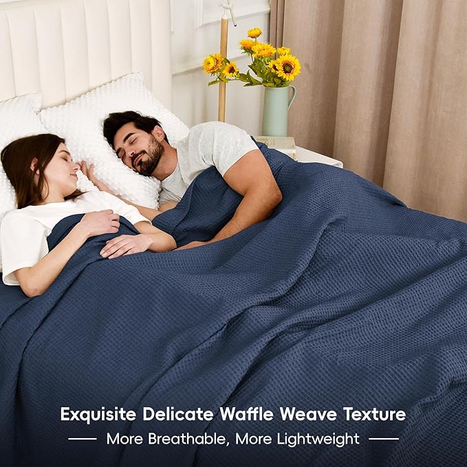 PHF Pre-Washed Cotton Waffle Weave Blanket Throw Size for Bed Couch,Snag Proof Spring Summer Lightweight Breathable,Oeko-TEX Certified,Machine Washable, Home Decor Gift,Dark Navy