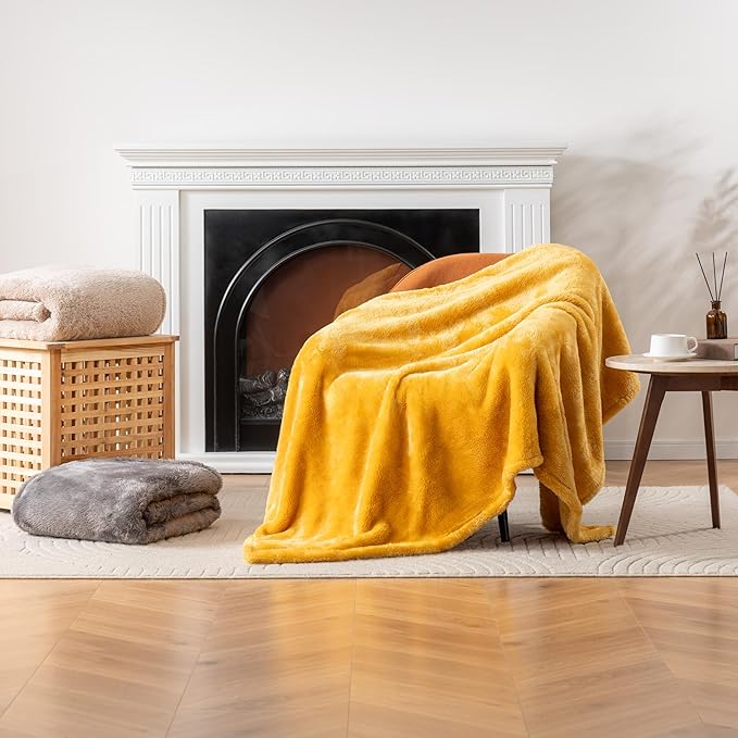 Berkshire Blanket Classic Extra-Fluffy™ Plush Blanket King Size, Soft Fuzzy Fluffy Long Hair Blanket for Couch Sofa Bed, Ochre, 90x108 Inches