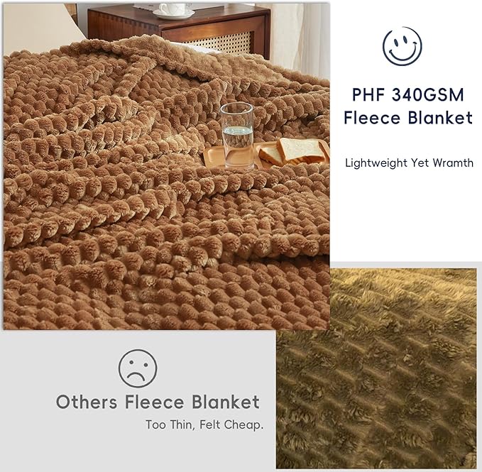 PHF Ultra Soft Flannel Fleece Blanket Queen Size, Lightweight 3D Jacquard Fleece Blanket, No Shedding, No Pilling, Luxury 340GSM Aesthetic Fluffy Cozy for Bed Room Decor, 90"x90", Terracotta