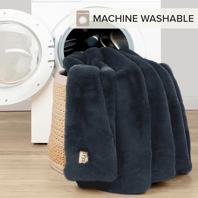 UGG Euphoria Plush Faux Fur Throw Blanket Medium Weight Reversible Luxury Soft Throw for Couch Bed or Chair Hypoallergenic Machine Washable Home Decor Blanket, 50-inch x 70-inch, Indigo Navy Blue