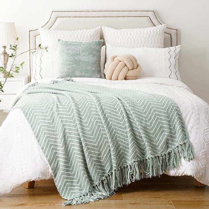 BATTILO HOME Sage Green Throw Blanket for Couch, Decorative Knit Seafoam Green Throw Blanket for Bed, Super Soft Sage Green Room Decor, 50"x60"