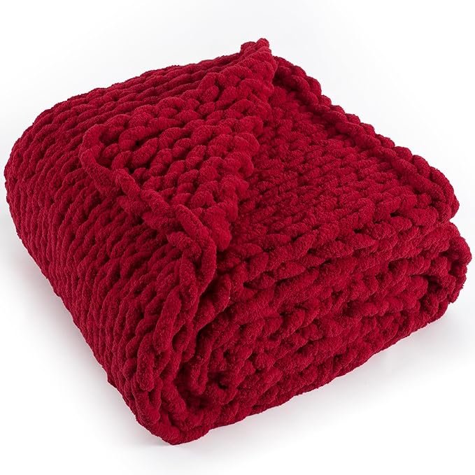 Chunky Knit Throw Blanket 60"X 80", 100% Handmade with Soft Chenille Yarn, 4.4lbs Thick Cable Knitted Blankets, Large Rope Knot Crochet Throws for Couch Sofa Bed Home Decor, Red