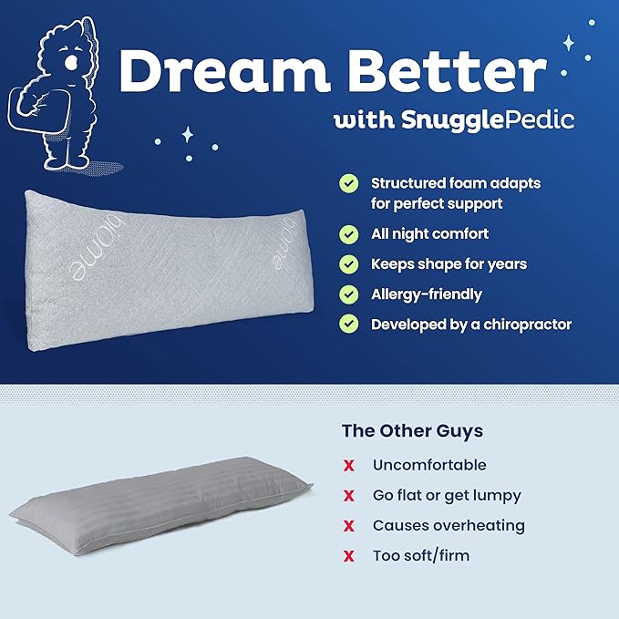 Snuggle-Pedic Body Pillow for Side Sleepers for Adults - Full Body Maternity Pillow Support Legs, Belly & HIPS - Shredded Memory Foam & Cooling Pregnancy Pillow Cover 20x54 Gray