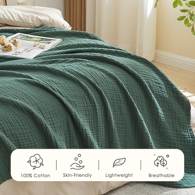 EMME Cotton Muslin Twin XL Blanket Breathable Gauze Blanket Soft Lightweight Blankets Adults Gifts for Women (Forest Green, 60"x80")