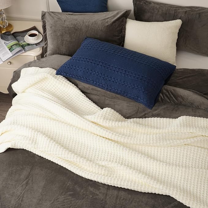 PHF Chenille Waffle Knit Throw Blanket- Plush Warm & Cozy 50" x 60" Ultra Soft Blanket- Chunky Fluffy Waffle Throws for Couch Bed Sofa - Cream