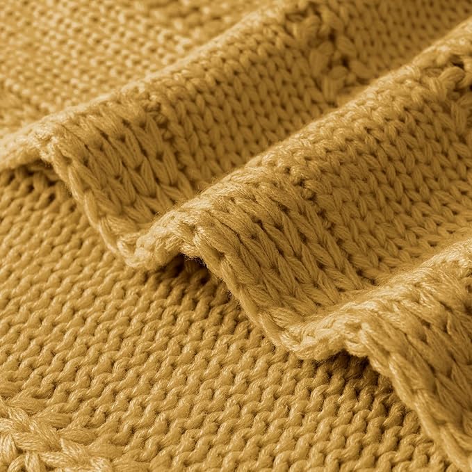 RECYCO Cable Knit Mustard Yellow Throw Blanket Twin Size for Couch, Super Soft Warm Cozy Decorative Knitted Throw Blanket 3.6LB for Bed, Sofa, Chair Large 60"x80"