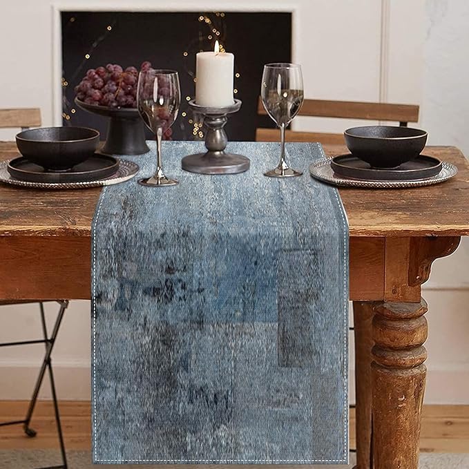Emvency Farmhouse Style Table Runner, Abstract Art Painting Denim Blue Table Runners for Kitchen Coffee Table Family Dinners Holiday Parties Wedding Events Decor(13x72 inch)