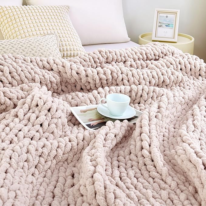 Admitrack Chunky Knit Blanket Throw, 100% Hand Knit Chenille Throw Blanket for Sofa & Home Decor, Soft and Cozy Knitted Throw Blankets (Pink,51"x63")